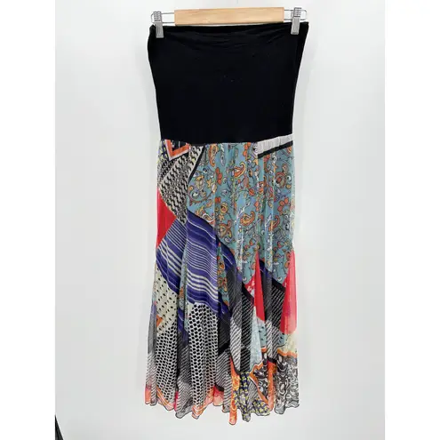 Lapis Womens Strapless Dress Size M Flowy Boho Resort Patchwork Midi Fairy Black Size M - Image 6