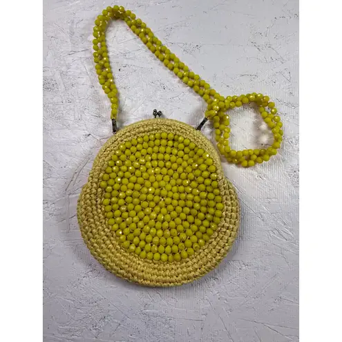 Vintage Beaded Purse Round Straw Woven Shoulder Bag Yellow Seed Bead Clutch