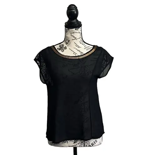 B_Envied B. Envied Women’s Black Sheer Lace Top Size M Gold Chain Crew Neck Goth Grunge