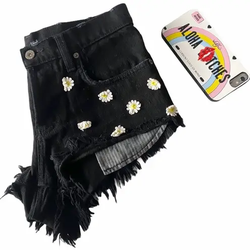 LF new  Carmar ❉ Crazy Daisy Embroidered Denim Cut Offs Shorts ❉ Jet Black ❉ 26