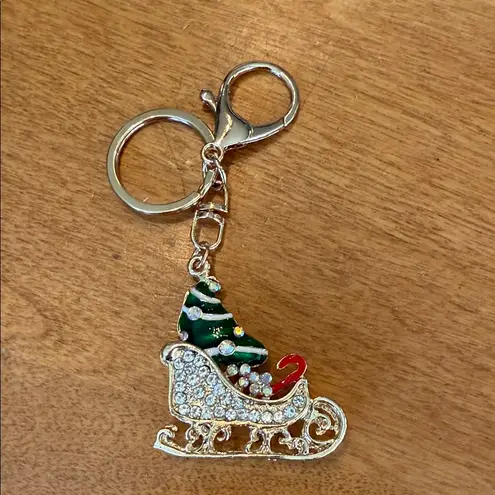 Rhinestone Christmas sleigh with presents bag charm/key ring Gold