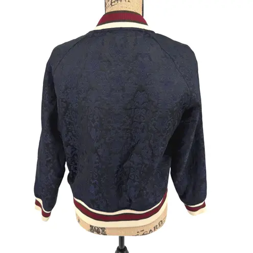 Sandro Paris Brocade Embroidered Crest Floral Bomber Jacket Size 2 Navy Blue