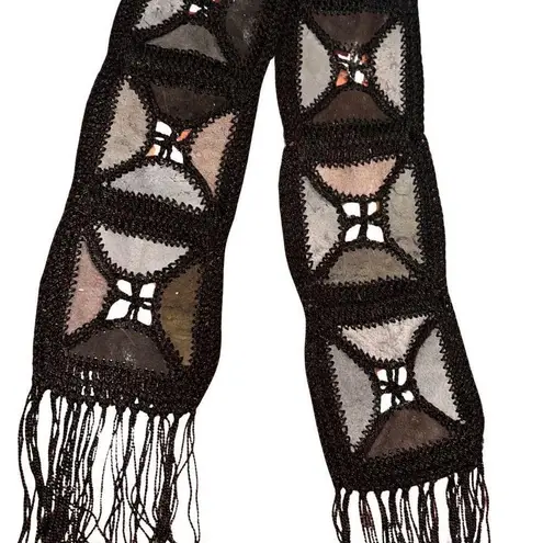 Vintage 1970s Sash Belt Leather Macrame Crochet Scarf Brown