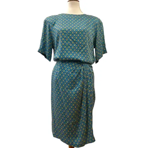 Vintage Skirt Top Set Silk Medium Petite 2 piece Cocktail Party PM 12P 80s 40s Blue