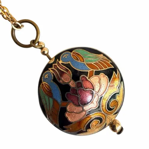 Vintage Cloisonné Enamel Birds & Lotus Pendant Necklace