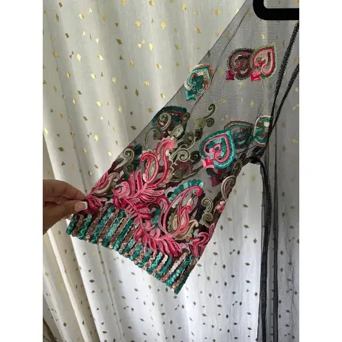 Merchant Women's Sheer Mesh Embroidered Floral Applique Cover Up Midi Cardigan M Size M