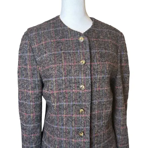 Vintage Womens Tweed Wool Blazer Size 12 Plaid Office Professional Career Work Brown