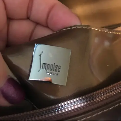 IMPULSE BY SHARIF BRONZE PATENT LEATHER WOVEN BAG WITH FUR ACCENTS Brown