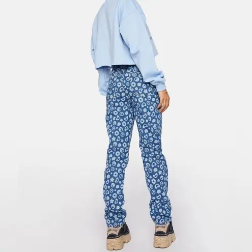 Daisy Street Dolls Kill Blue Peace Yin Yang Hearts Flowers Printed Dad Jeans