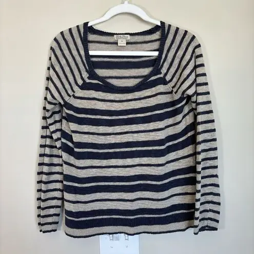 Lucky Brand  Womens Navy and Beige‎ Striped Sweater Medium Linen Blend