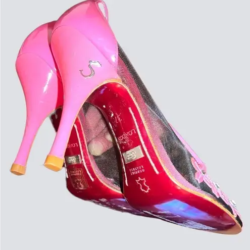 Stuart Couture gorgeous unique pink patten leather heels with black mesh… Size 6.5