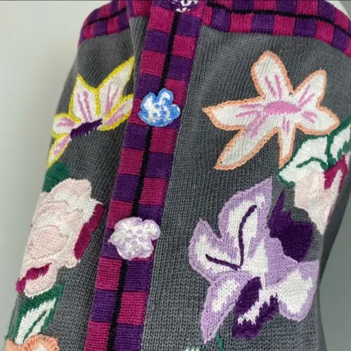 Storybook Knits Beautiful Colorful Whimsical Floral Knit Cardigan Small Gray