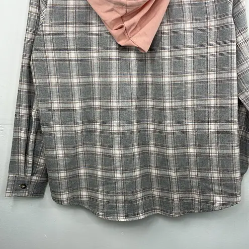 Apricot Lane Flannel Plaid Long Sleeve Front Button Closure With Hood Shirt Gray Small Cotton