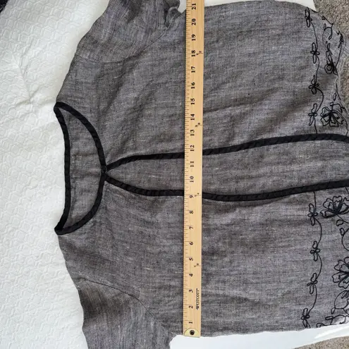 100% Linen Embroidered Open Front Jacket Women’s Size XS Brown Black Boho Chic