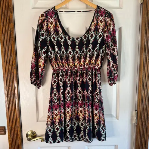 Pink Owl Diamond Print Dress V-Neck 3/4 Sleeve Casual Dress Size S