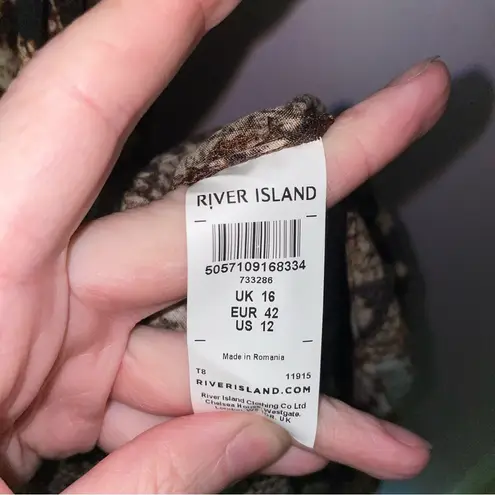 River Island Size 12 Snake Print Maxi Dress Brown Double V Ruffle Sundress