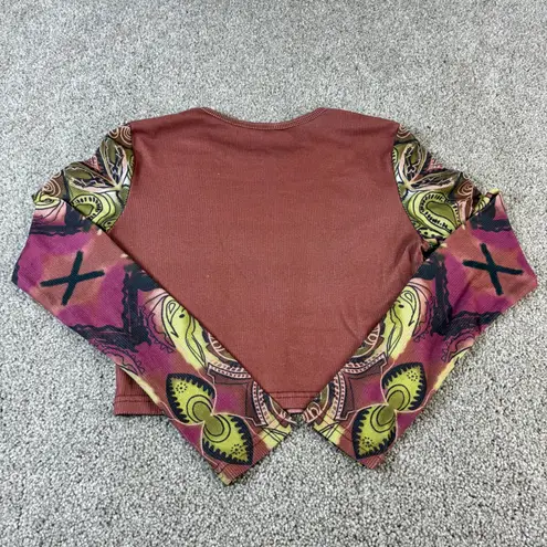 Long Sleeve Crop Top Geometric Pattern Y2K Style Fitted Tee Size S Boho Hippee Red