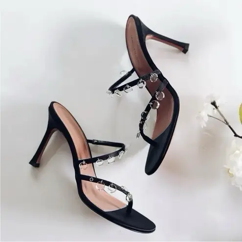 Amina Muaddi Tina Crystal Charm Sandal Satin Black Pendants Heels