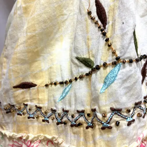 Vintage Y2K Tokyo Denim Bank Yellow Silk Hippie Embroidery Bead Tank Blouse Top Size M