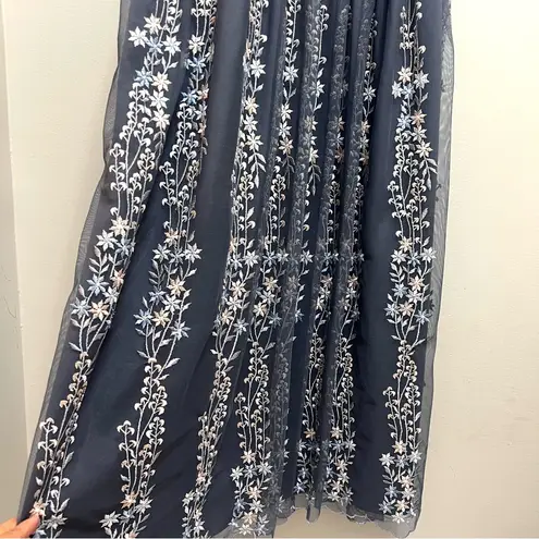 BHLDN Anthropologie Parsons Midi Dress Embroidered Floral Gray Pink Blue Size 4