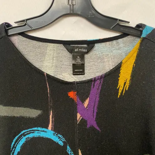Ali Miles XL Black Abstract Brush Stroke Print 3/4 Sleeve Pocket Tunic Top