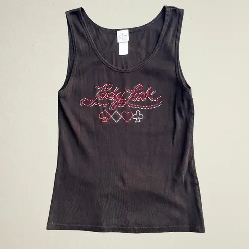 Vtg Y2K Lady Luck black rhinestone studded tank top card suits gambling Vegas Size XL