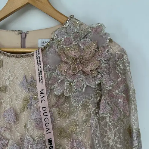 Mac Duggal Embellished High Neck Long Sleeve Dress in Nude size 16 NWT 3D Flower