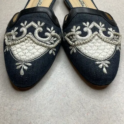 Oscar de la Renta Vintage  Spanish Mule 37.5/7.5 White Embroidered & Denim