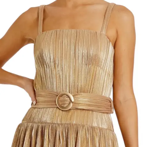 Mac Duggal NWT 27062 Tea-Length Metallic Plissé Midi Dress Party Gold Size 6