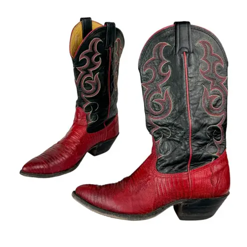 Vtg Nocona Red Black Lizard Leather Westerm Cowgirl Boots Sz 7B