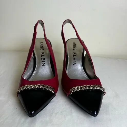 Anne Klein  Yavari Slingback Pumps Leather Polished Cap Toe Two Tone Black Red 7