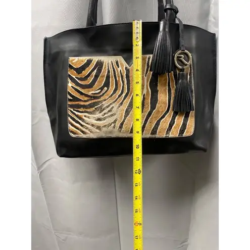 Varriale Women's Black Leather Tote Bag with Leopard Print Large 2136