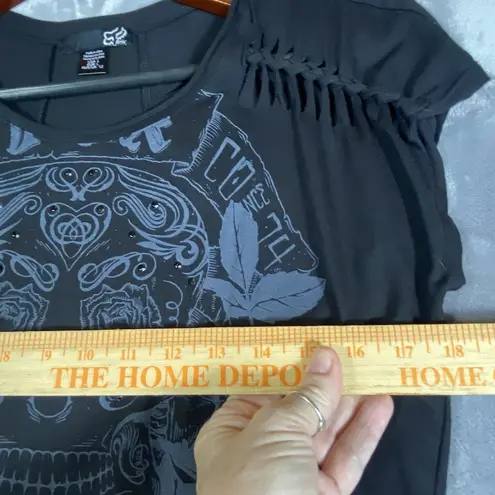 Fox Racing Girls Top Large Black Graphic Print Biker Motocross Logo Skull Grunge