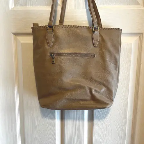Antik Kraft Tan Faux Leather Tote Bag Whipstitch Detail Zipper Pocket