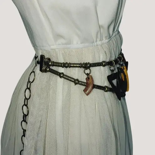 Geometric Shape Charm Belt Vintage Brass Wood Versatile Adjustable Chain Closure Size 36