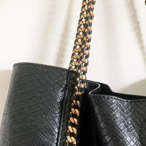 Black Croc Print Vegan Leather Tote Bag With Gold Metal Chain Strap