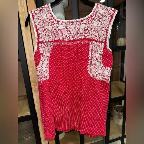 Mi Golondrina embroidered blouse tunic flores top sleeveless polka dots print Red Size L