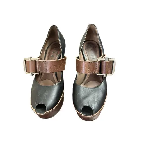Marni Black/Brown Leather Mary Jane Peep Toe Platform Pumps Size 371/2 Black