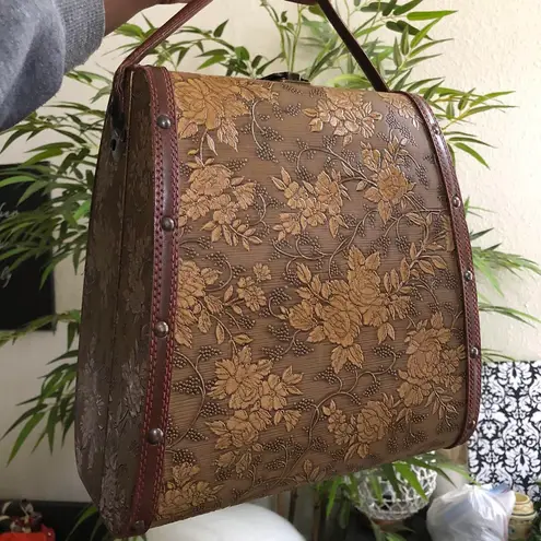 1960s Unique Brown tan vintage hand shoulder bag suitcase with floral pattern and leather details brass hardware