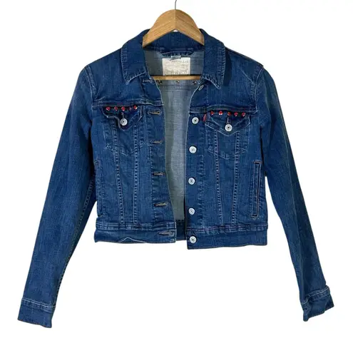 Levi’s Studded Denim Jacket Womens S Medium Wash Cropped Stretch Button Western Brown