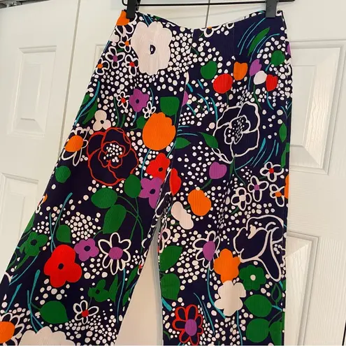 Vtg 60s 70s Kahala Abstract Floral Print Straight Wide Crop Pants Sz XS Blue