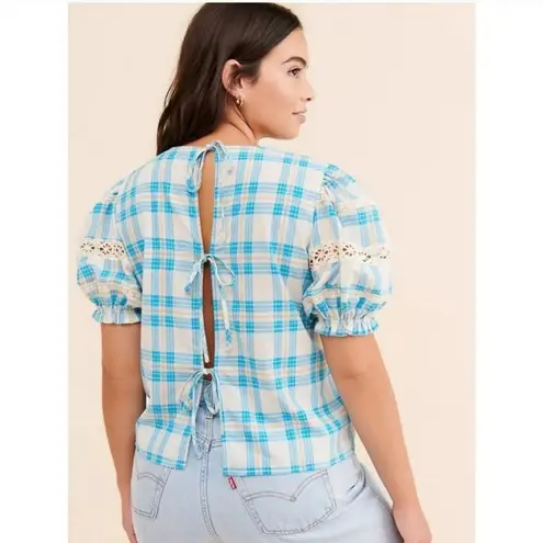 Moon River Anthropologie Plaid Lace Plaid Puff Sleeve Top Women's Small Blue NWT