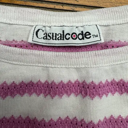 Casualcode Women's White Pink Striped Knit Top Short Sleeve Crew Neck Casual Size L