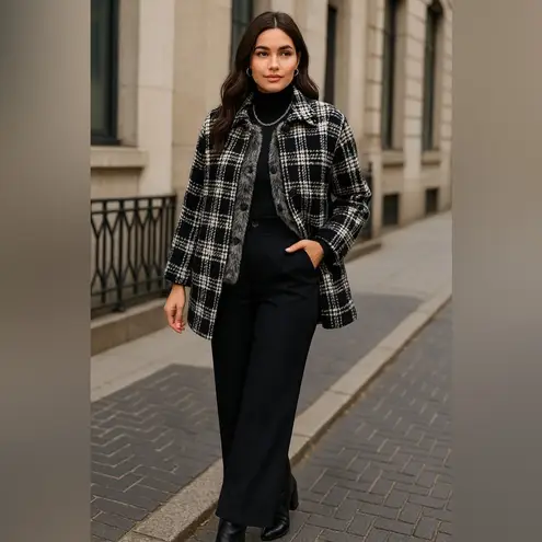 Rafaella Black White Plaid Coat | Parisian Chic Winter Jacket | Classic Old Money Style