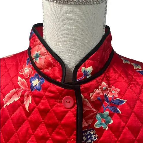 Anne Carson Red Quilted Silk Chinese Dragons Floral Button Up Shirt Jacket Sz M