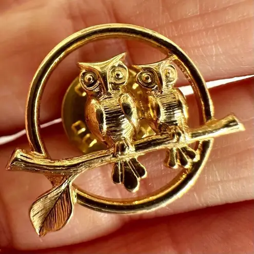 Avon Two Owls on Branch Circle gold tone pin