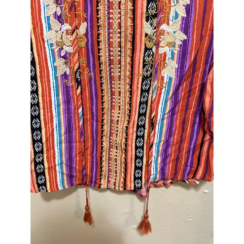 Savanna Jane Embroidered Striped Tassel Tie Top Blouse Womens Size S Bohemian Red