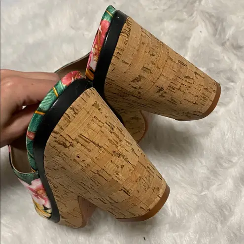 Johnston & Murphy Angie tropical floral open toe cork wedge mules size 9