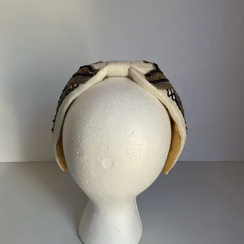 Hand Beaded Mexican Headband Beige Padded Turban Style Embroidered Boho NWT Gold