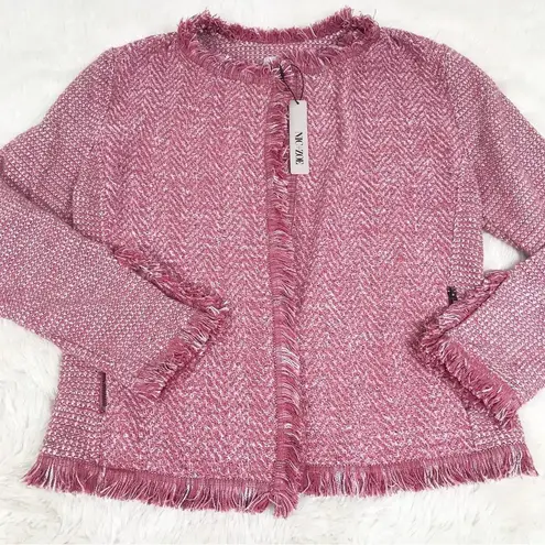 Nic+Zoe Fringe Mix Knit Blazer Jacket Tweed Open Front Pink Size Medium New